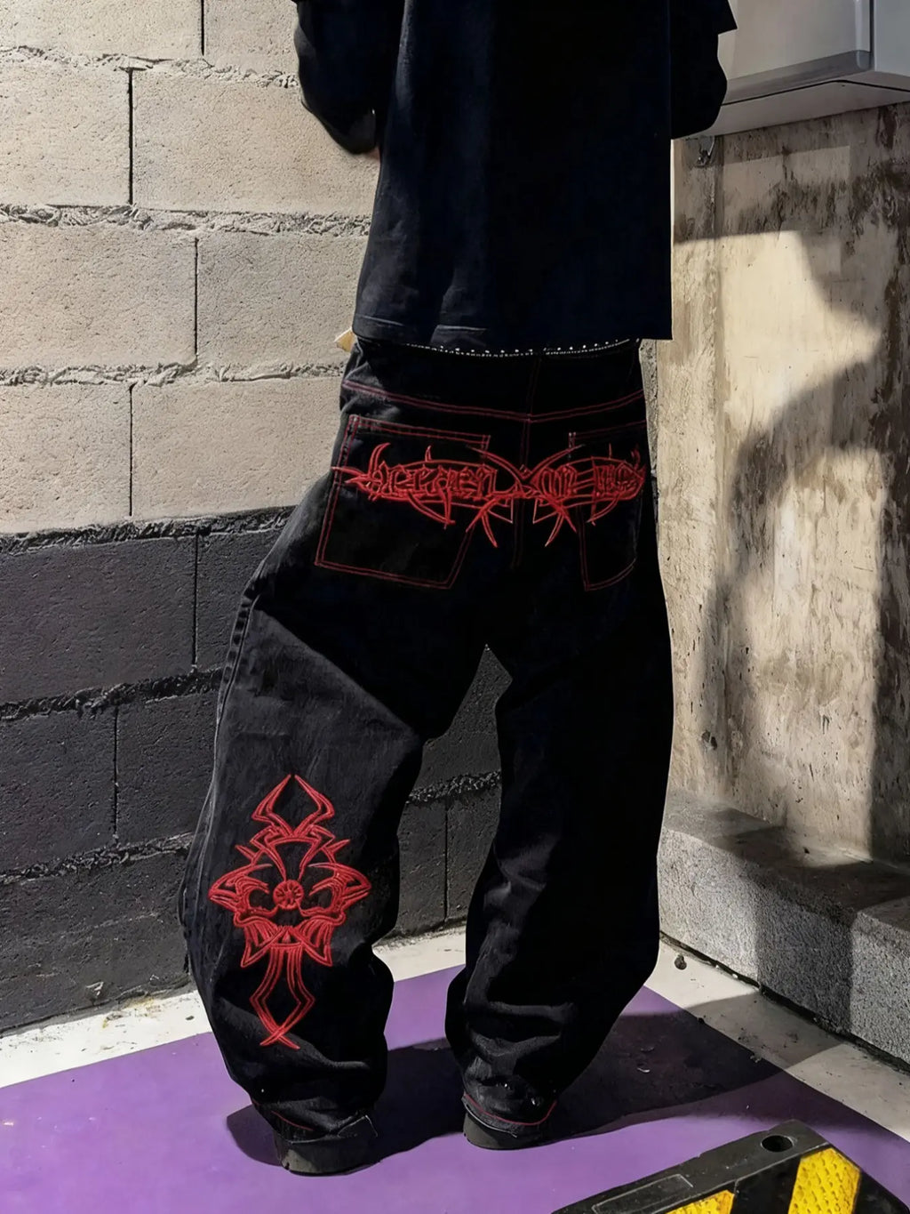 Y2K Street Hip-Hop Loose Fit Jeans, Fake Pocket Design Men's Denim Jeans, Skull Embroidered Winter Casual Trousers, Loose Denim Pockets, Halloween Gift, Jeans Bottoms