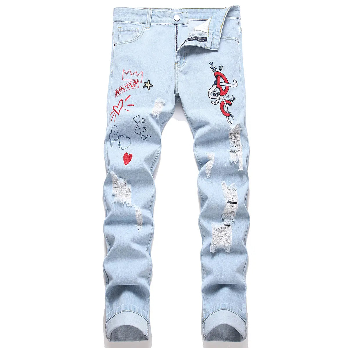 Men's Classic Cotton Distressed Retro Foldable Straight Leg Denim Jeans - 4-Season Comfortable Casual Bottoms with Zipper, Durable Fabric, Pockets, Embroidery, Buttons, Ideal for Retro Street, Halloween, Thanksgiving, Easter, Valentine's Day