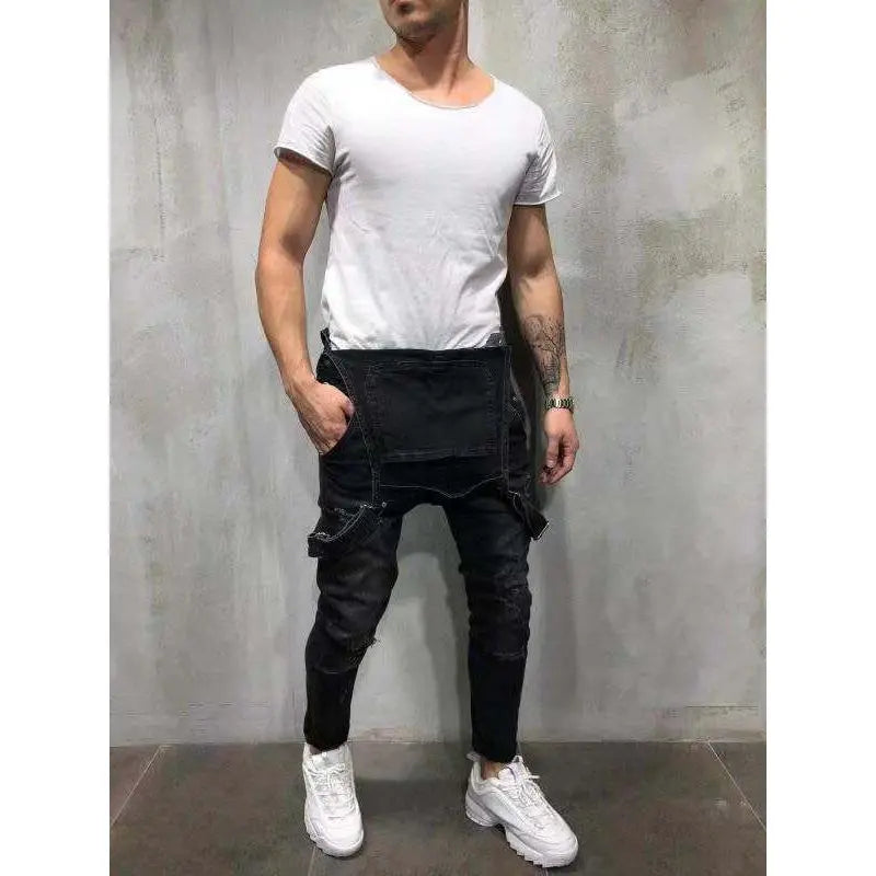 Men's High Cotton Distressed Denim Overalls, Vintage Washed Slim Fit Ripped Bib Overalls, Streetwear Casual Workwear Jeans Jumpsuit with Adjustable Straps for Men