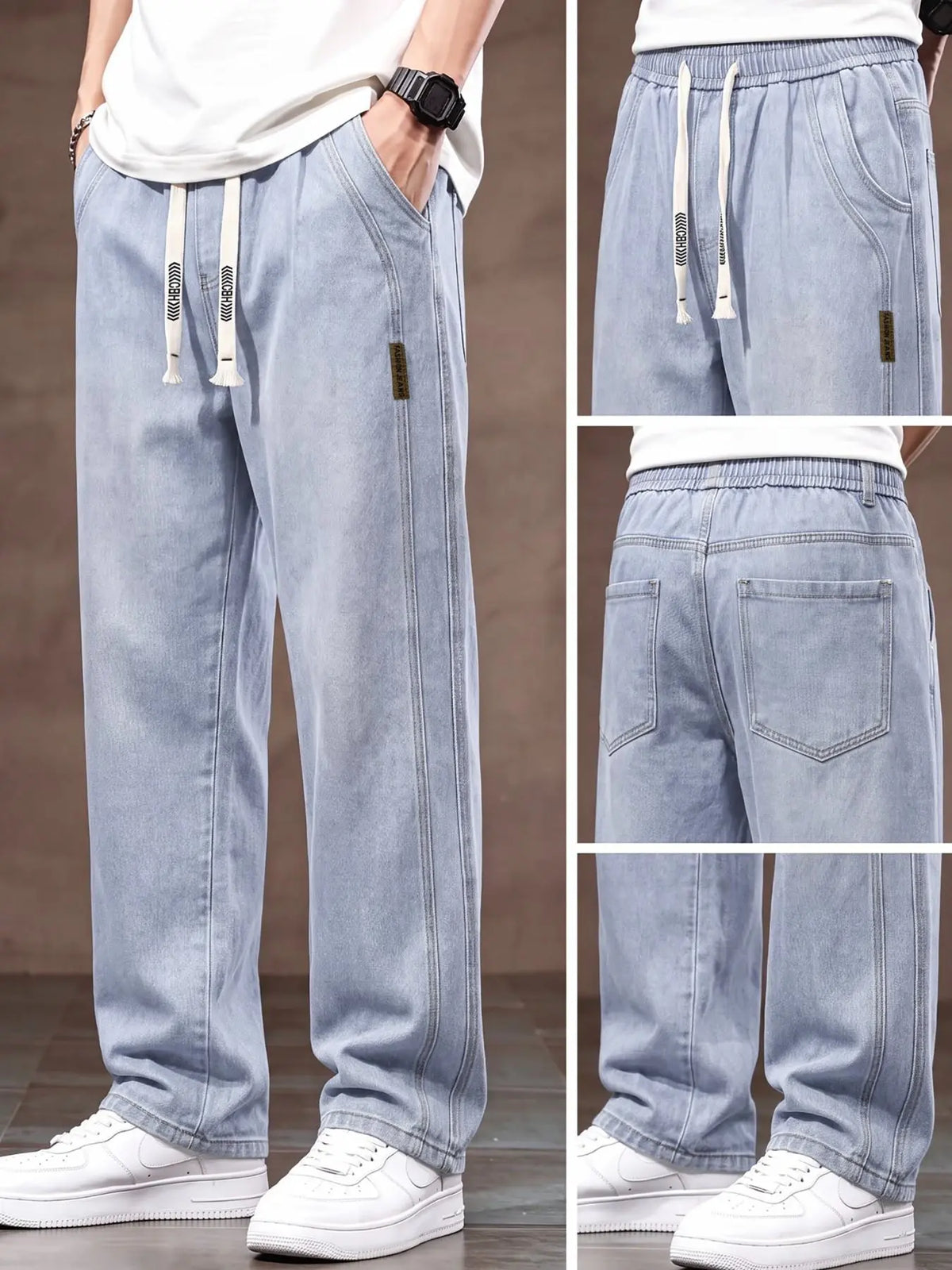 Men's drawstring elastic waist straight leg Pocket jeans solid color casual versatile non stretch denim pants, fit straight leg version, suitable for all seasons