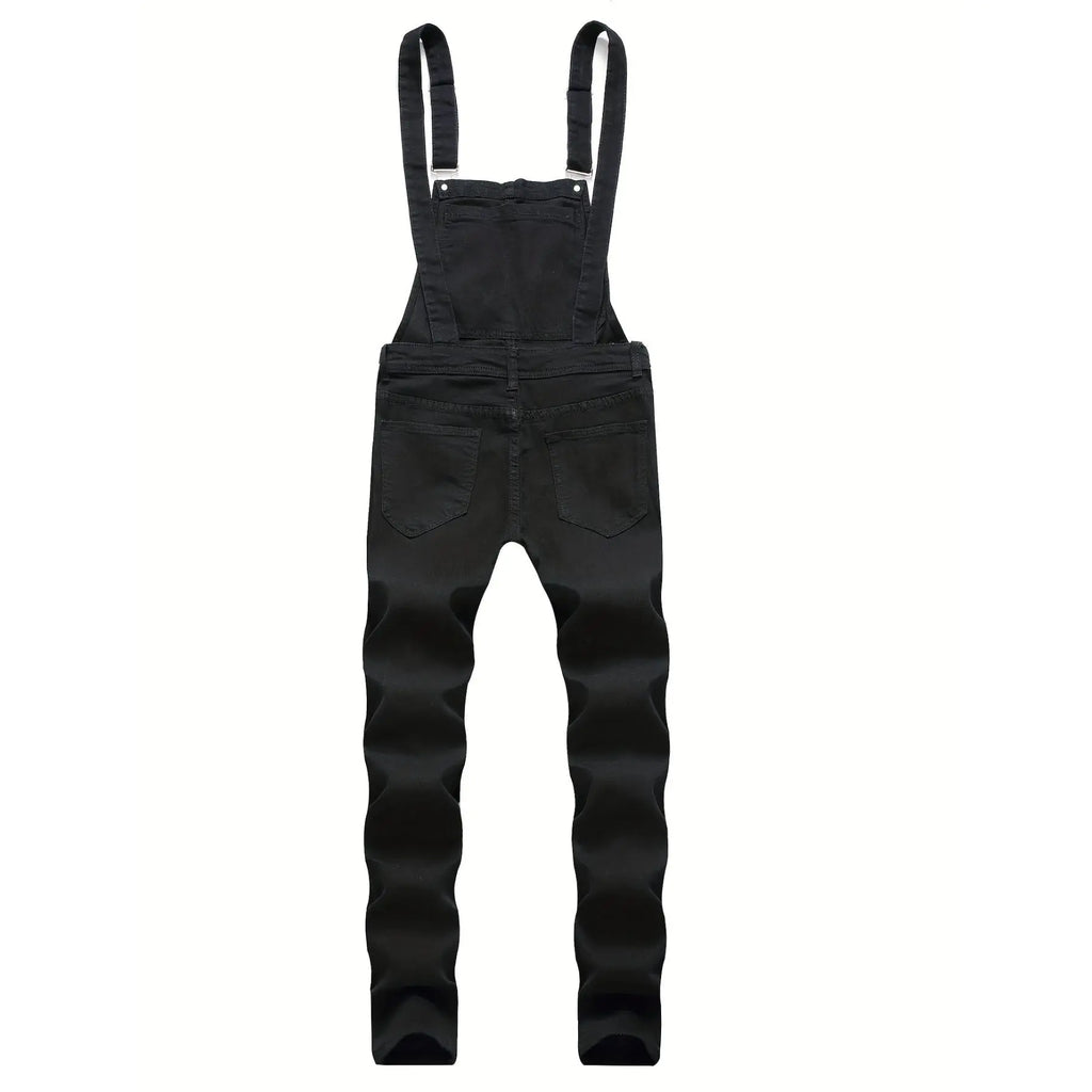 Men's Denim Blend Ripped Suspender Overalls - Casual Street Basics, Fitted Cut, Plain Design, Keyhole Back, All-Season, Machine Washable Menswear
