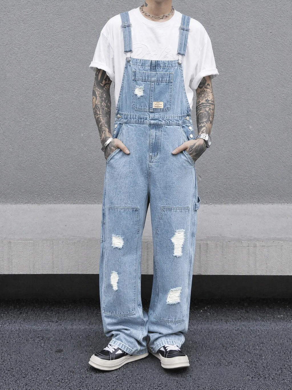 Men's Vintage Light Blue Button-Closure Heavy Washable Denim Overalls - Distressed Cotton Workwear Bib Trousers, No Skinny Fit Summer Casual Skater Baggy Jumpsuit