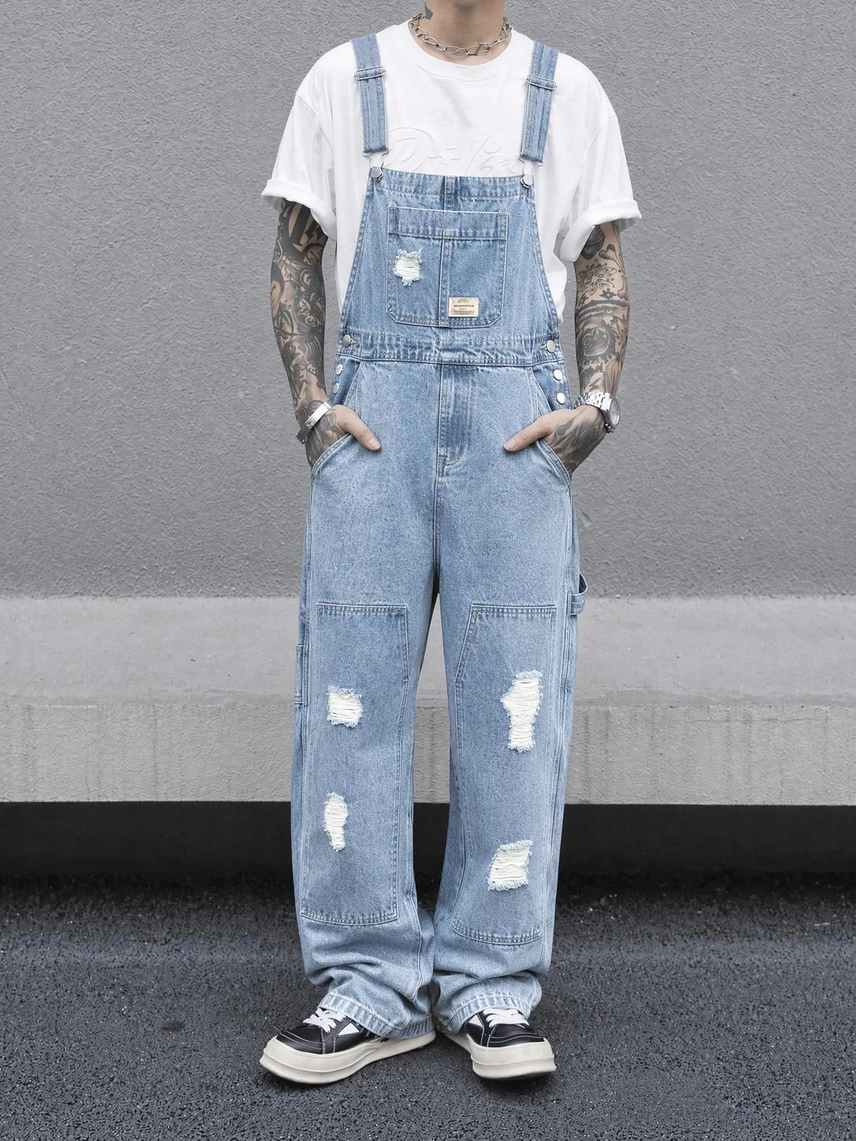 Men's Vintage Light Blue Button-Closure Heavy Washable Denim Overalls - Distressed Cotton Workwear Bib Trousers, No Skinny Fit Summer Casual Skater Baggy Jumpsuit