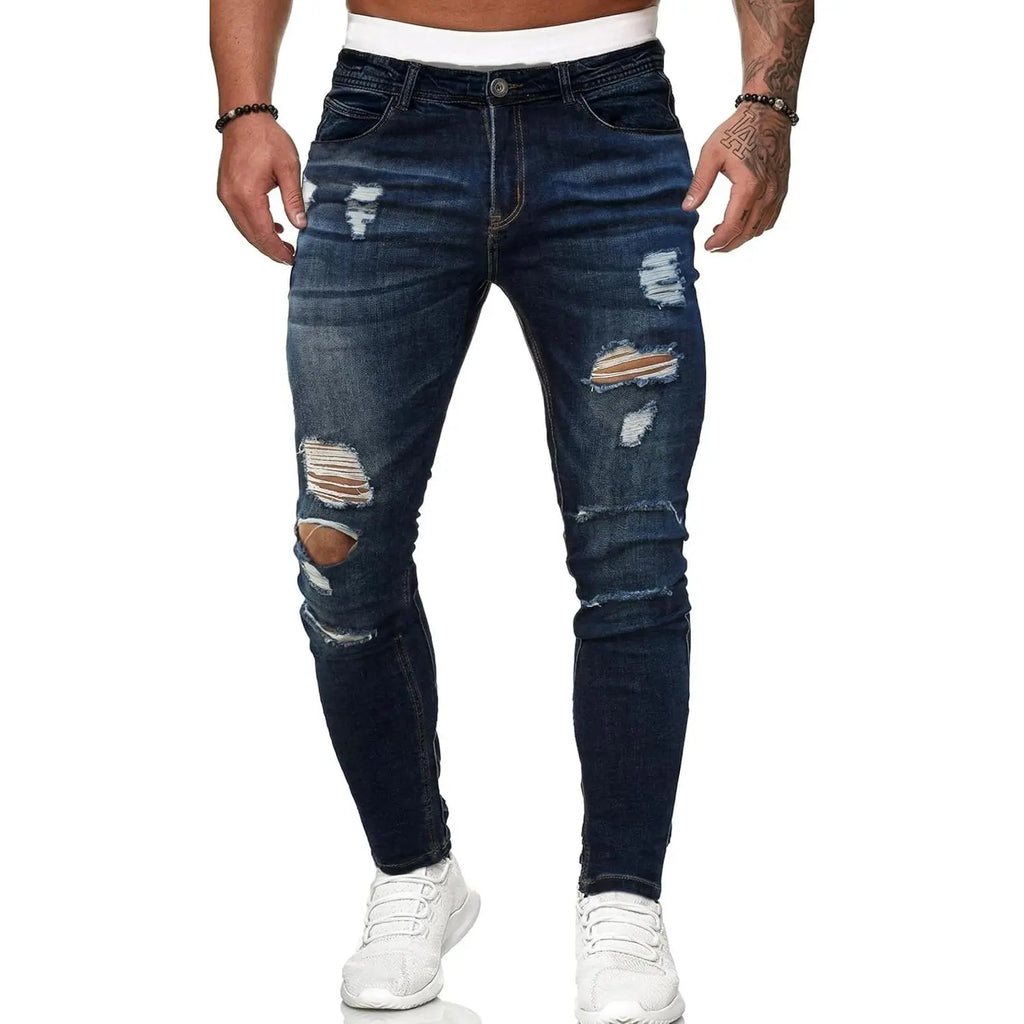 HUNGSON Men's Ripped Slim Denim Jeans - Soft Polyester-Cotton Fabric, Stretchy Skinny Fit, Breathable Distressed, Streetwear Plain Menswear Bottoms, Motocross Trousers (Denim Men's Ripped Jeans), Denim Men's Jeans sohochic