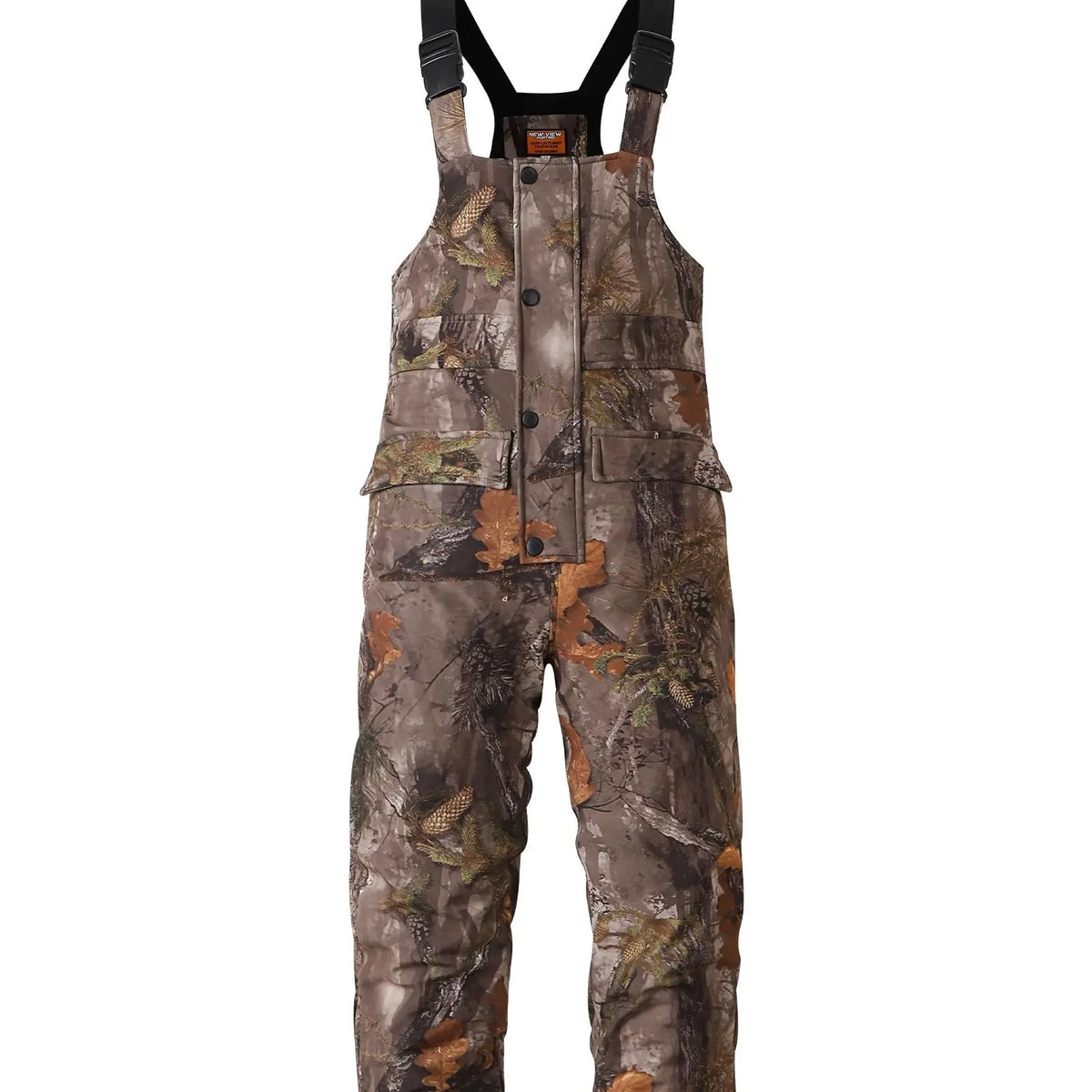 NEW VIEW Men's Camouflage Sleeveless Thermal Insulated Hunting Bibs - Adjustable Strap Elastic Overalls, Fleece Lined, Water-Resistant, Silent, Functional Zippers, Pockets, Ankle Length, All Seasons Outdoors Winter Sports Wear