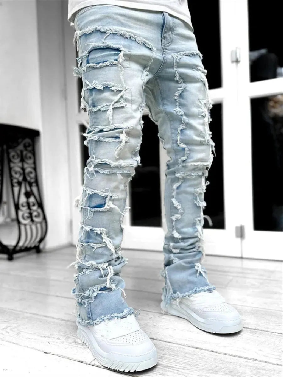 Men Streetwear Hip Hop Stacked Spliced Slim Straight Jeans Pants Male Stylish Motorcycle Biker Denim Trousers