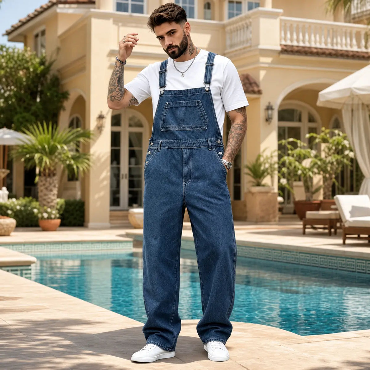 Men's Medium Wash Cotton Denim Overalls - Adjustable Tie Cargo Straps, Retro Slouchy Baggy Loose-Fit, Classic Utility Workwear, Machine Washable All-Seasons Outdoor Menswear, Plain Polyester Fabric Cargo Pants