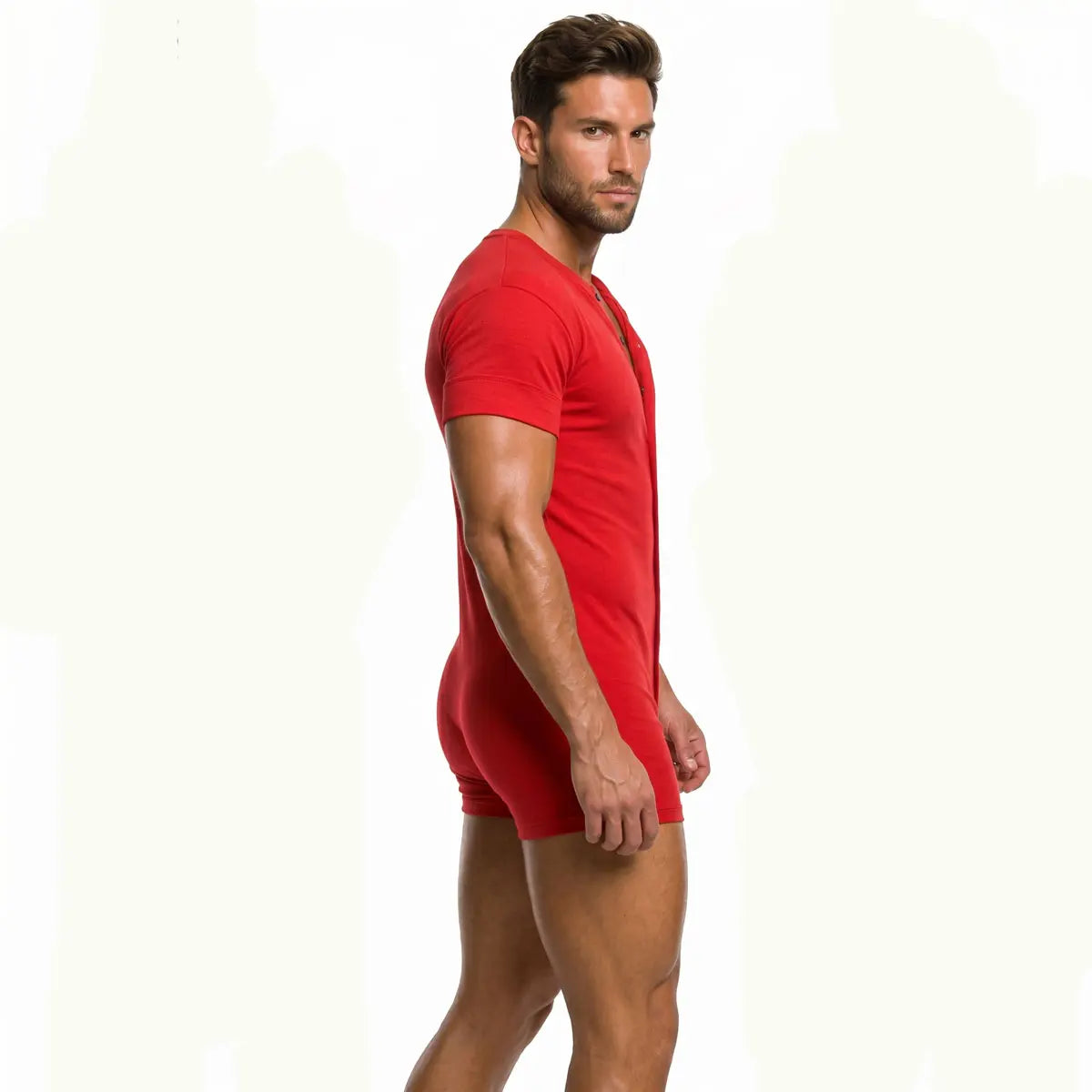 Men's Soft Cotton Blend Stretchy Knitting Short Sleeve Henley Overalls - Round Neck, Button-Front, Relaxed Boxers Bottoms, Minimalist Fit, Activewear, All-Seasons Casual Homewear Streetwear