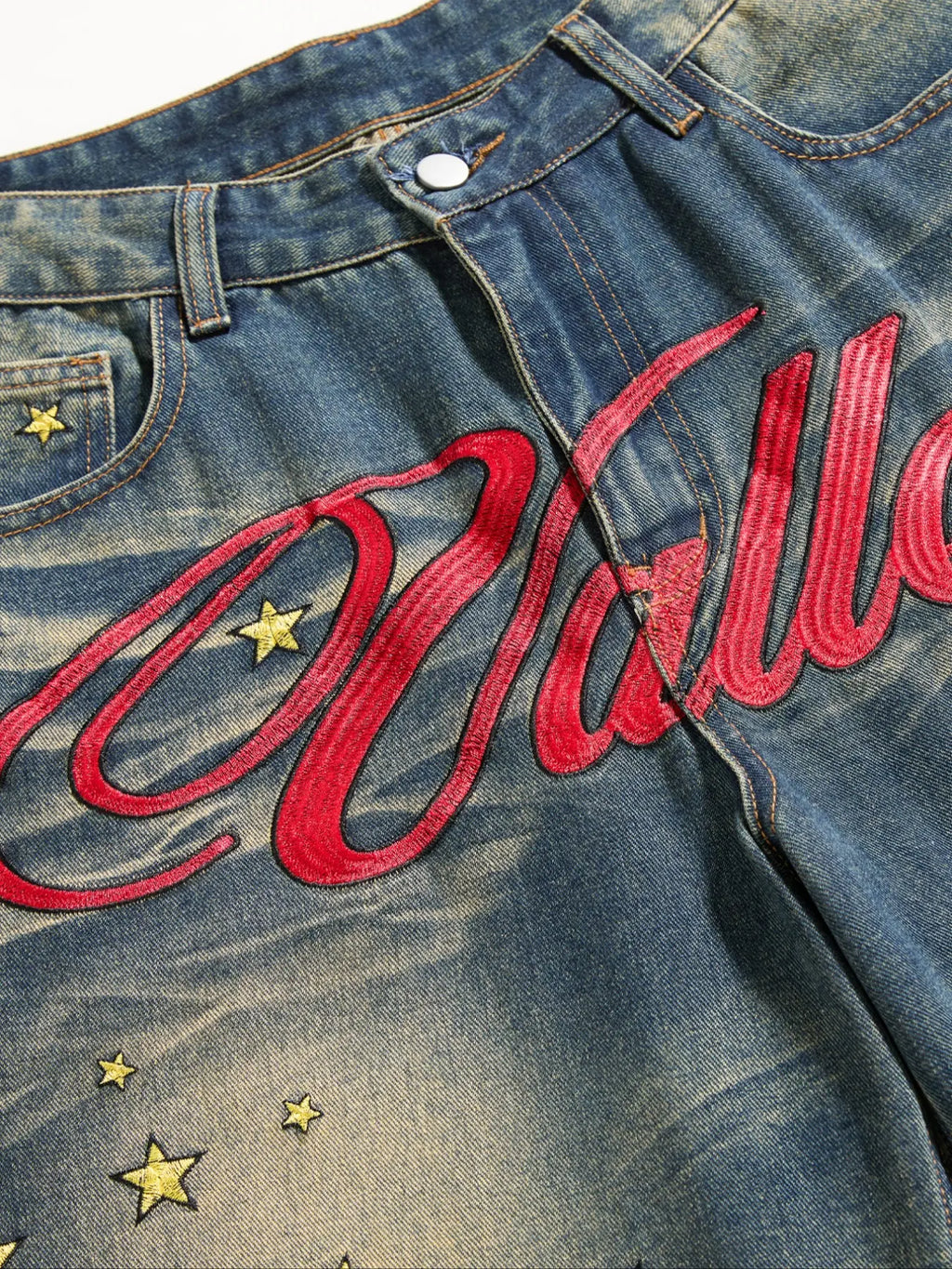 Men's Vintage Washed Leg Jeans, Casual Loose Fit Denim Jeans, Trendy Letter Embroidery, Relaxed Fit Jeans, All Seasons Wear, Vintage Inspired Jeans