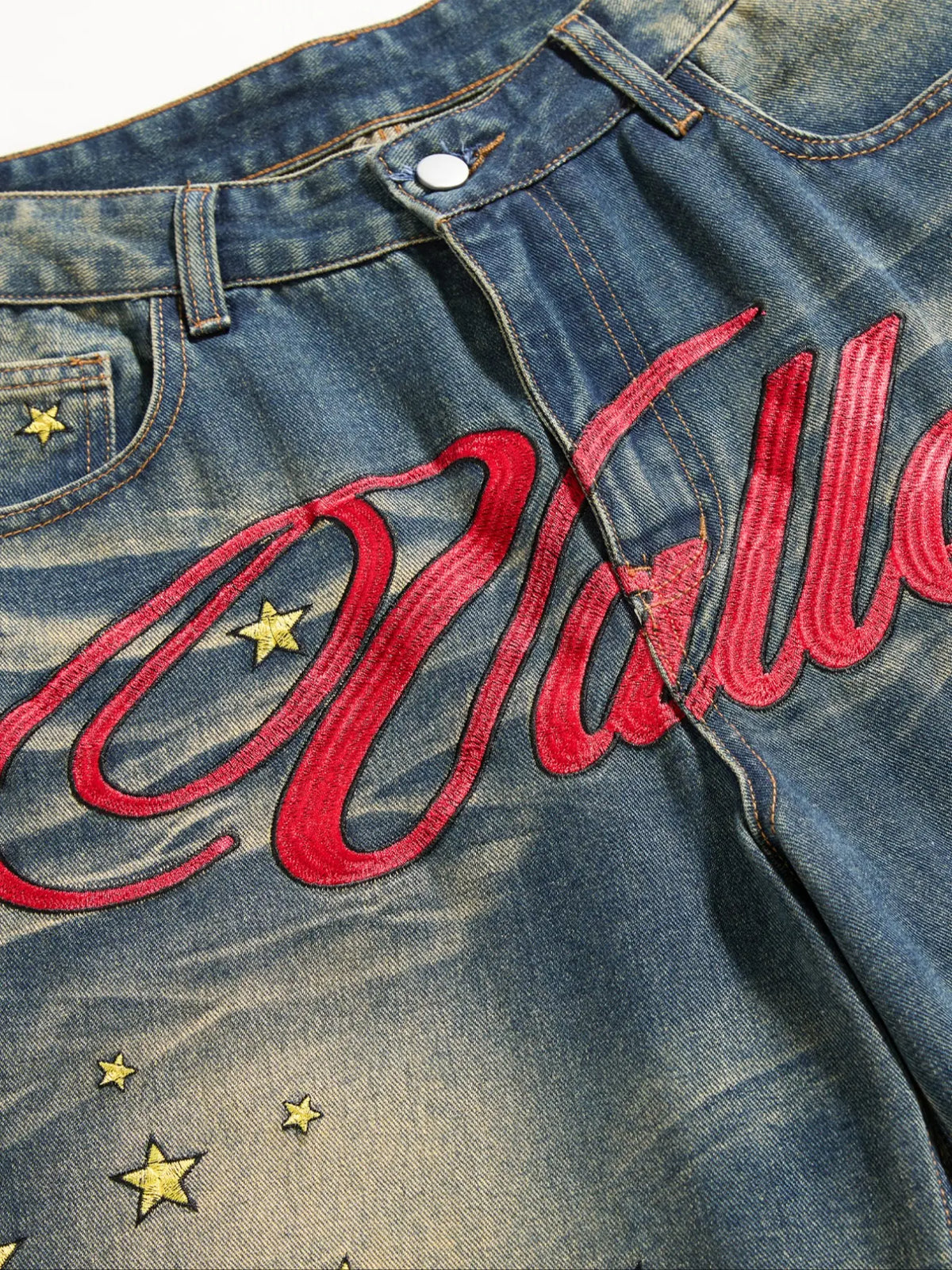Men's Vintage Washed Leg Jeans, Casual Loose Fit Denim Jeans, Trendy Letter Embroidery, Relaxed Fit Jeans, All Seasons Wear, Vintage Inspired Jeans