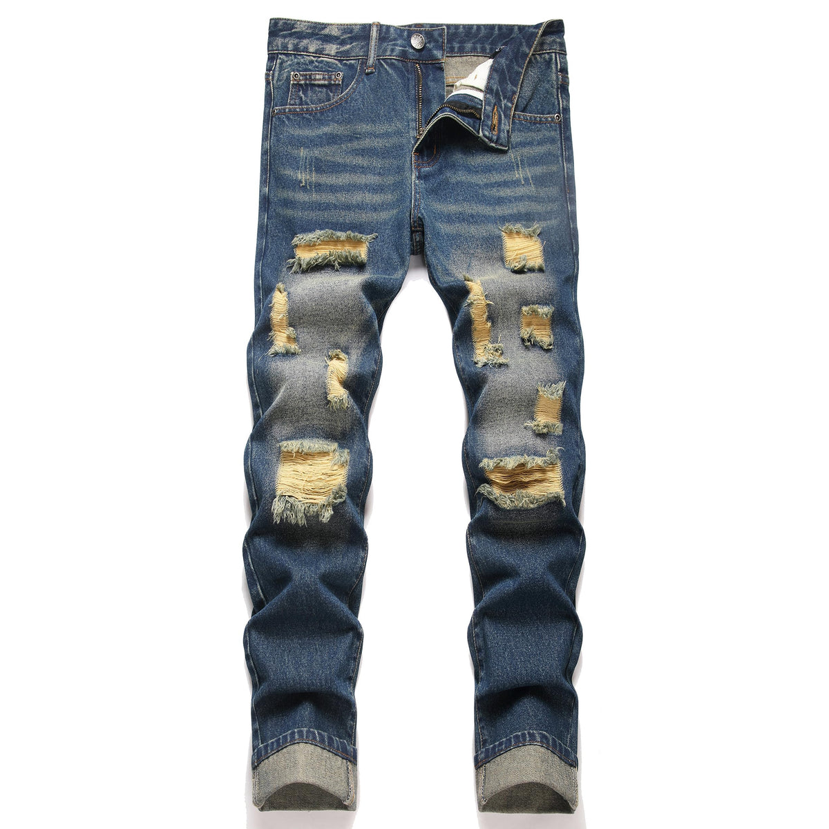 OIIIO Men's Ripped Slim Fit Straight Leg Jean Denim Pant