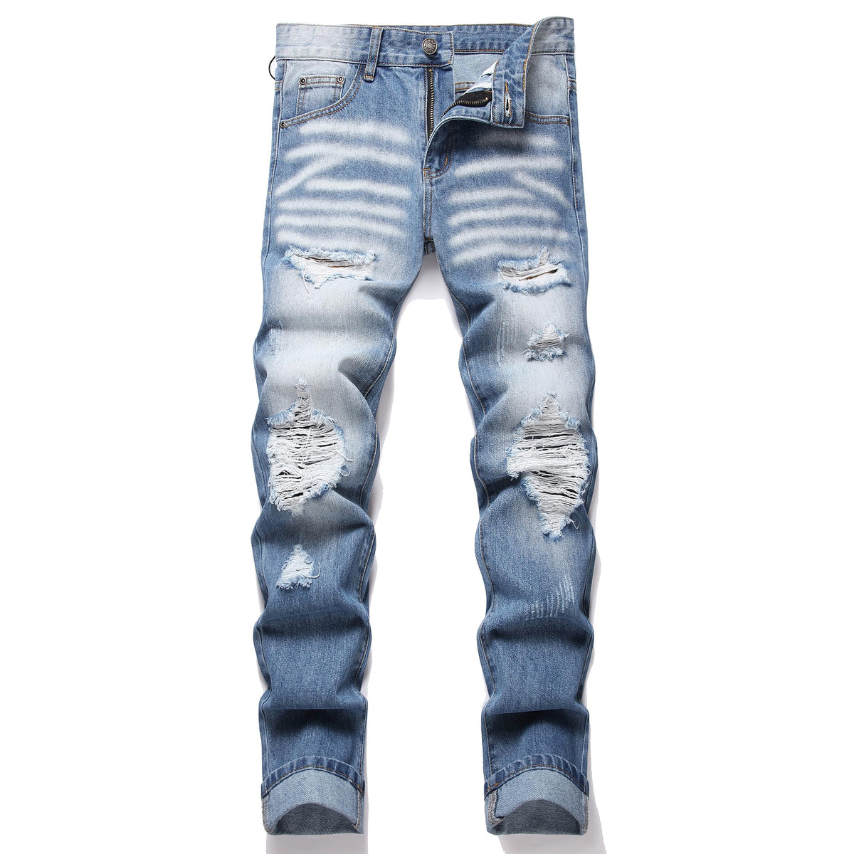 OIIIO Men's Ripped Slim Fit Straight Leg Jean Denim Pant