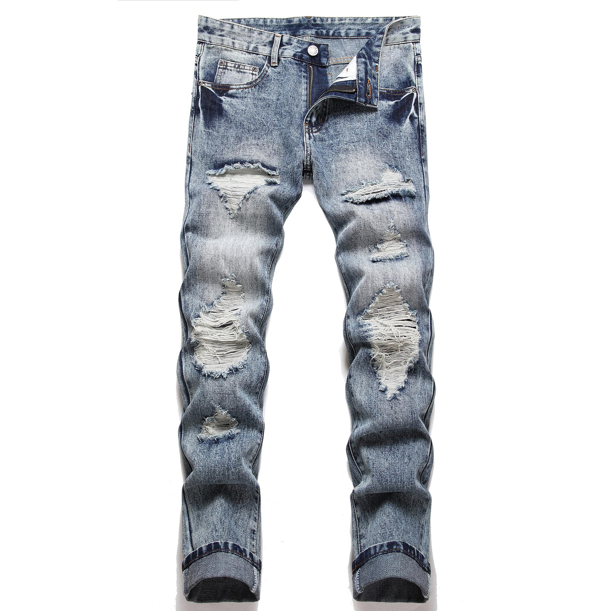OIIIO Men's Ripped Slim Fit Straight Leg Jean Denim Pant