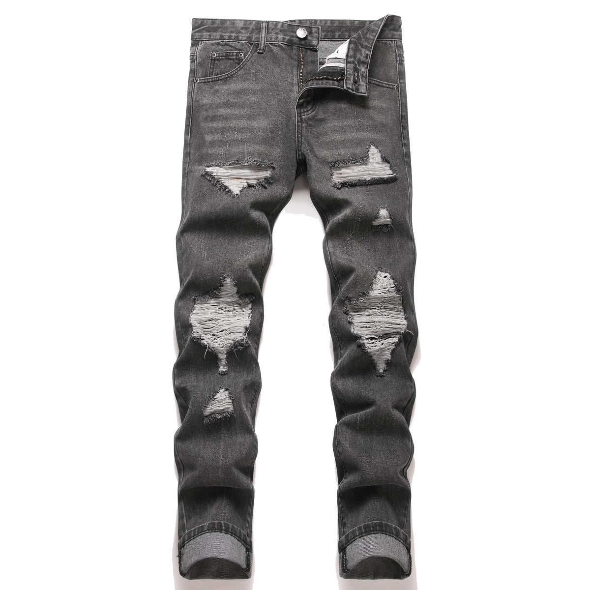 OIIIO Men's Ripped Slim Fit Straight Leg Jean Denim Pant
