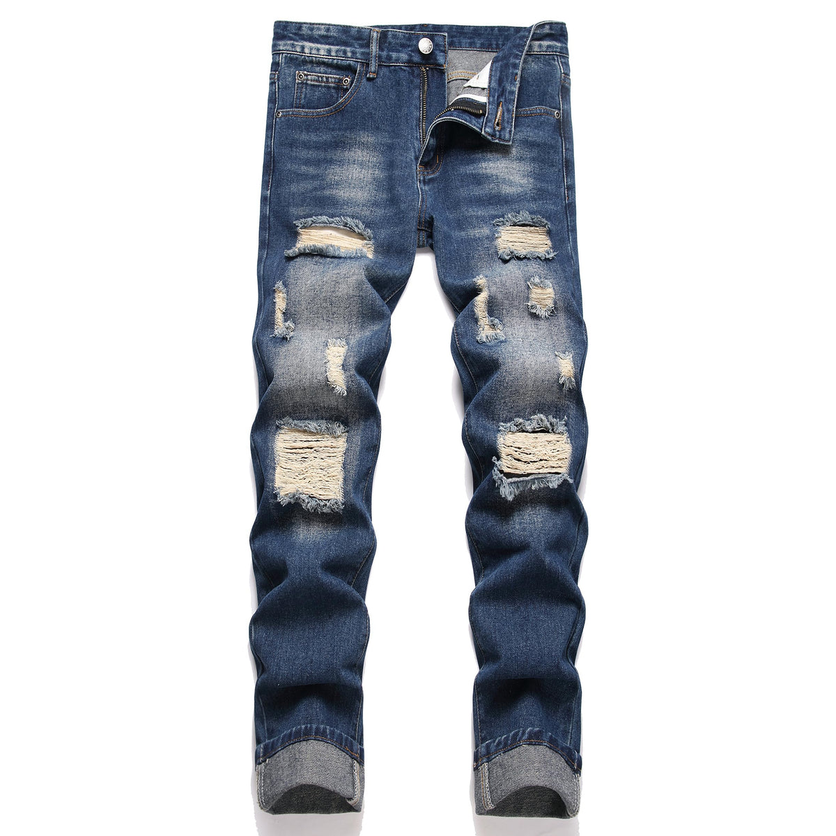 OIIIO Men's Ripped Slim Fit Straight Leg Jean Denim Pant