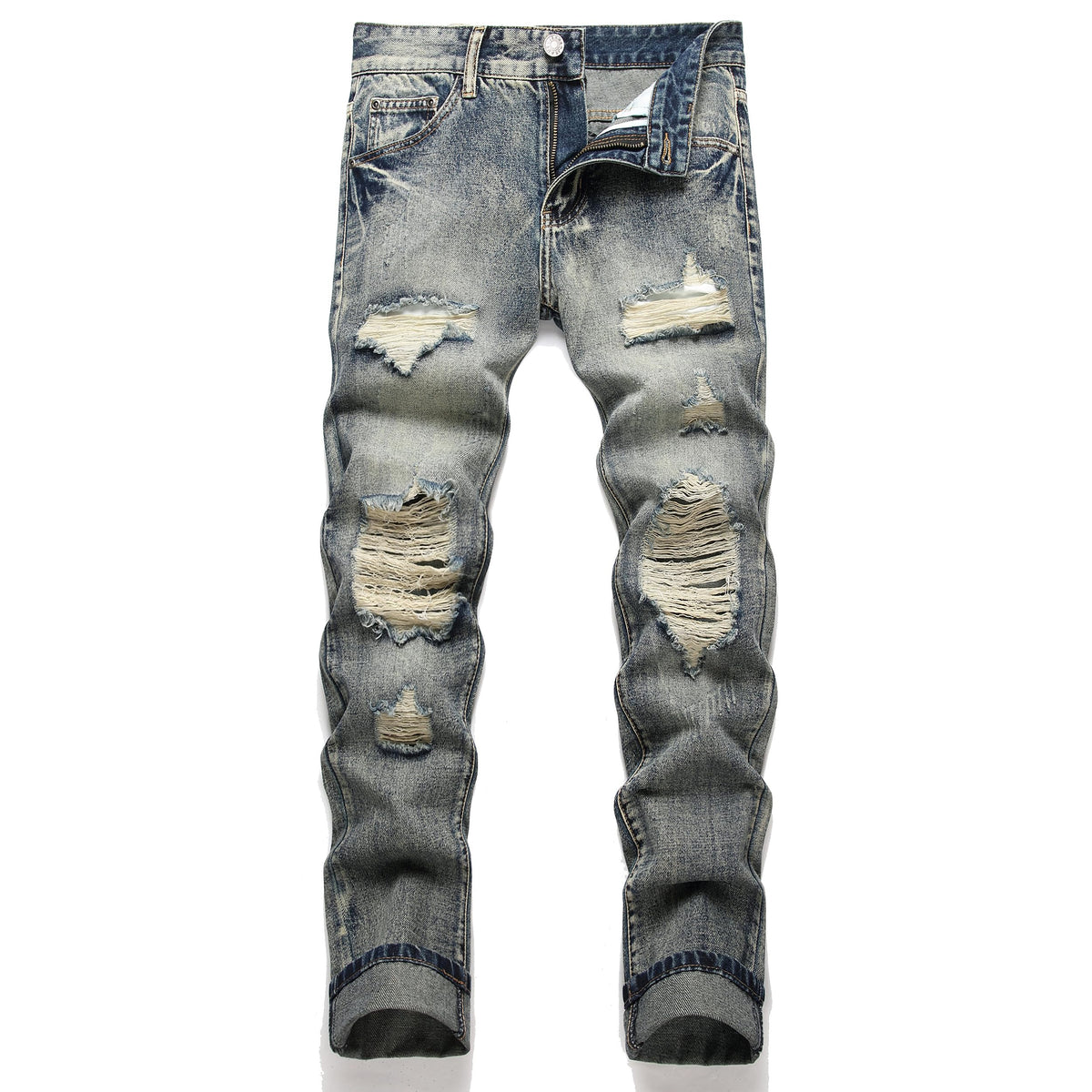 OIIIO Men's Ripped Slim Fit Straight Leg Jean Denim Pant
