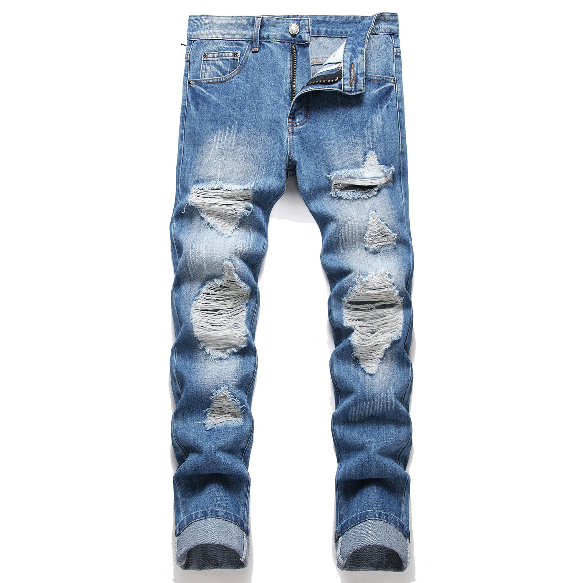 OIIIO Men's Ripped Slim Fit Straight Leg Jean Denim Pant