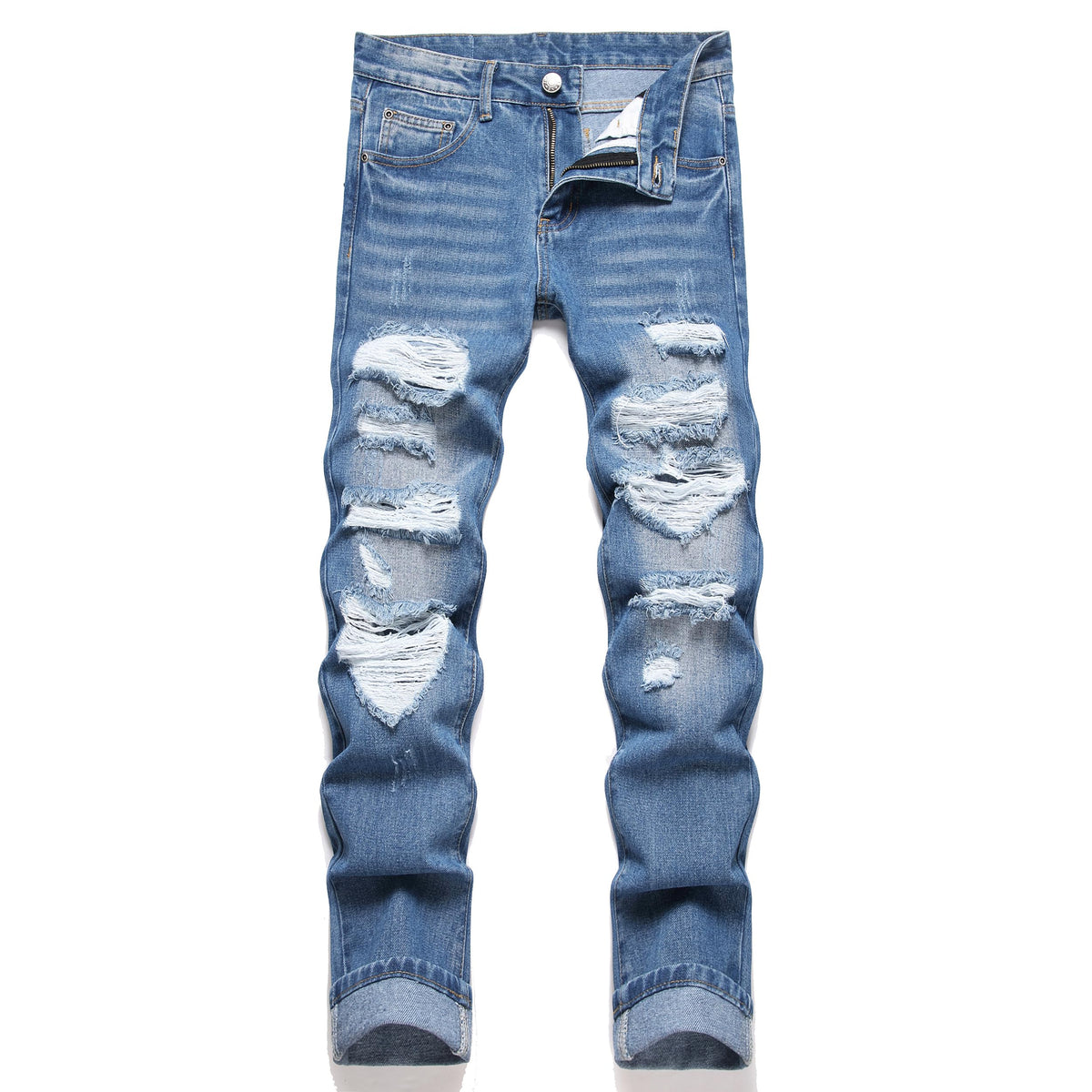 OIIIO Men's Ripped Slim Fit Straight Leg Jean Denim Pant