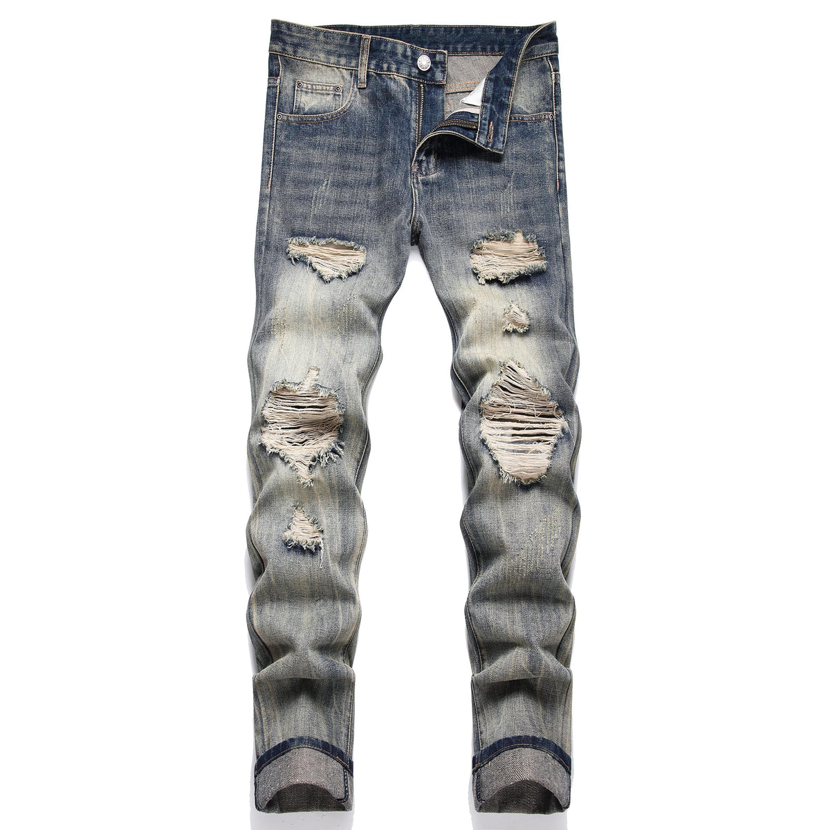 OIIIO Men's Ripped Slim Fit Straight Leg Jean Denim Pant