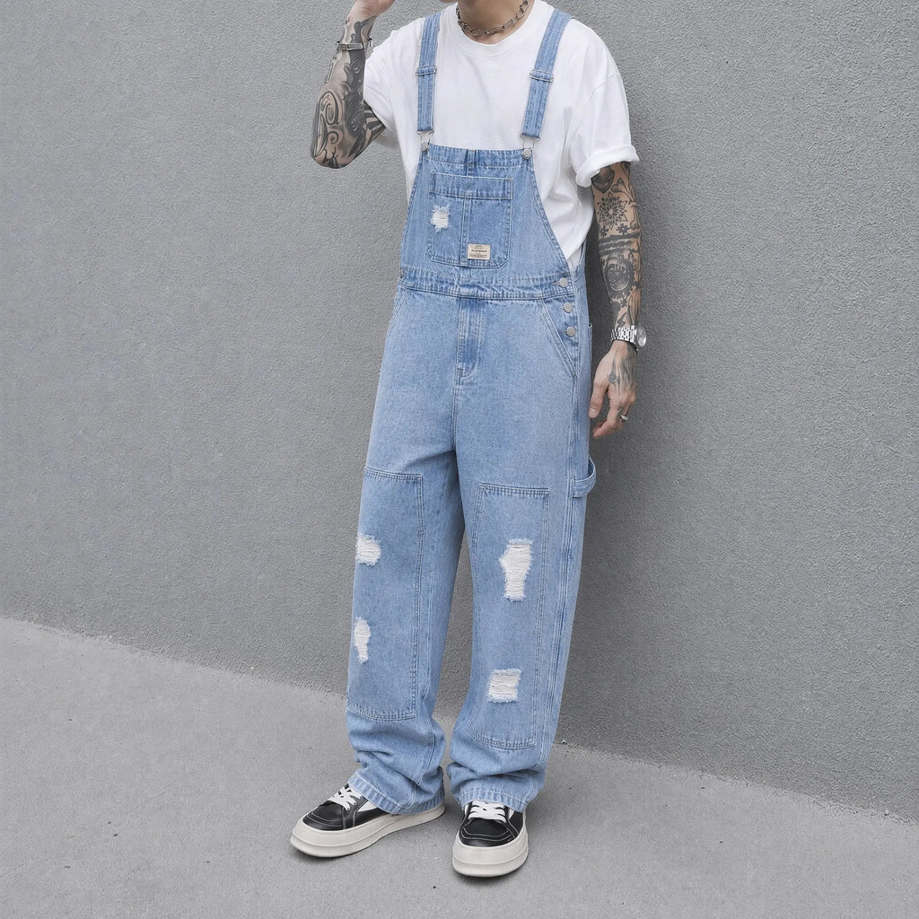 Men's Vintage Light Blue Button-Closure Heavy Washable Denim Overalls - Distressed Cotton Workwear Bib Trousers, No Skinny Fit Summer Casual Skater Baggy Jumpsuit