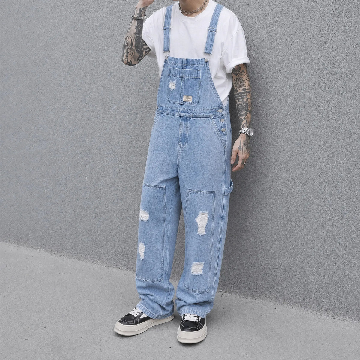 Men's Vintage Light Blue Button-Closure Heavy Washable Denim Overalls - Distressed Cotton Workwear Bib Trousers, No Skinny Fit Summer Casual Skater Baggy Jumpsuit