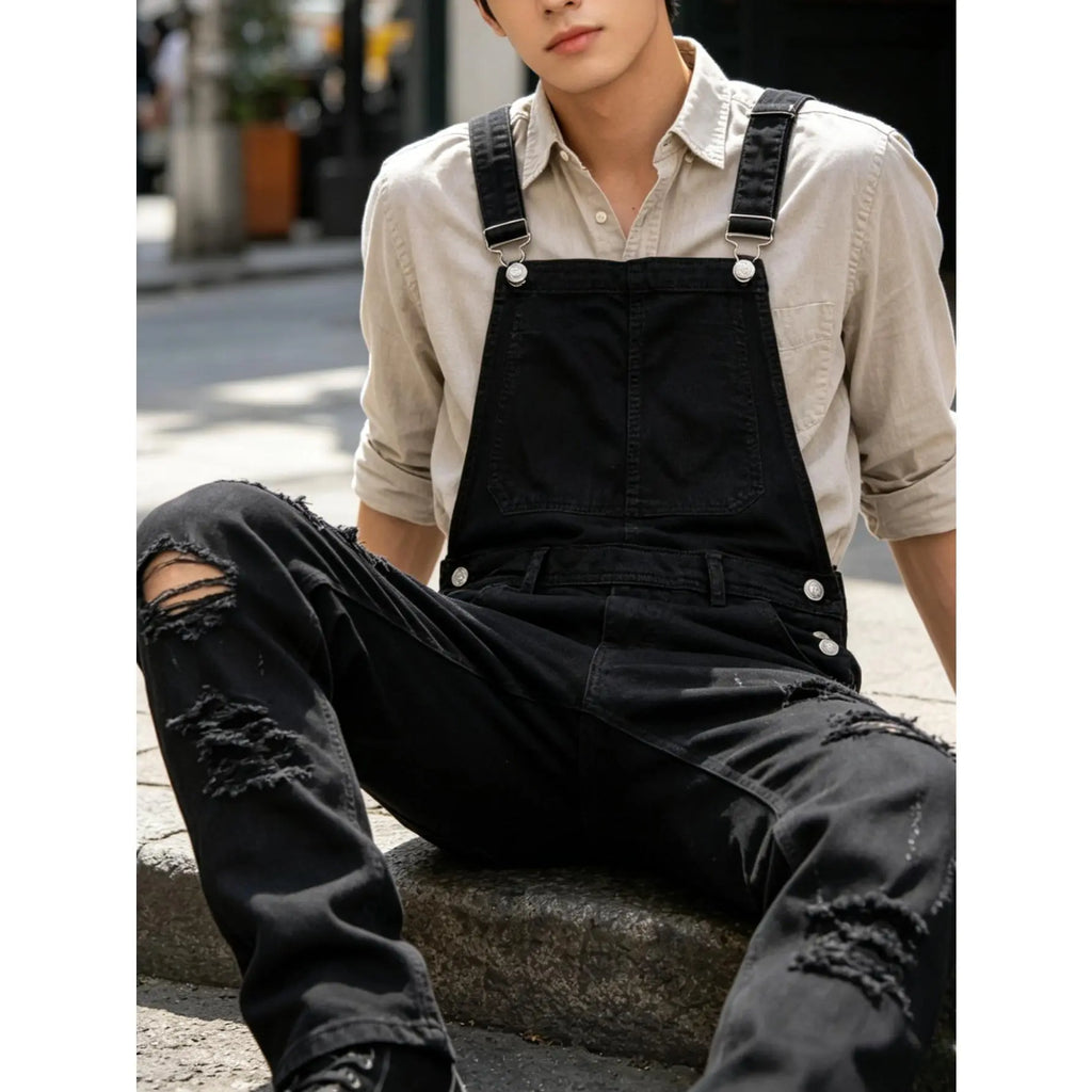 Men's Denim Blend Ripped Suspender Overalls - Casual Street Basics, Fitted Cut, Plain Design, Keyhole Back, All-Season, Machine Washable Menswear