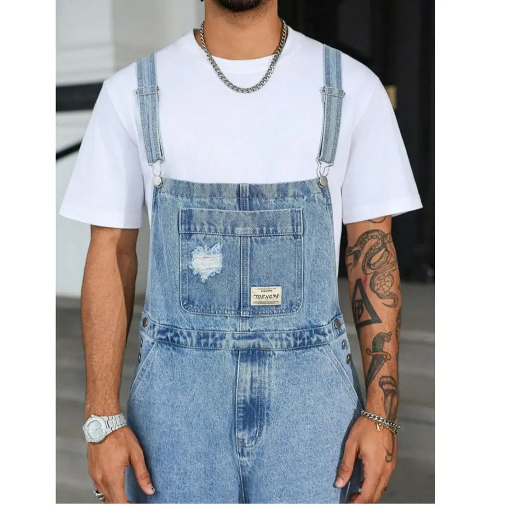Men's Vintage Light Blue Button-Closure Heavy Washable Denim Overalls - Distressed Cotton Workwear Bib Trousers, No Skinny Fit Summer Casual Skater Baggy Jumpsuit