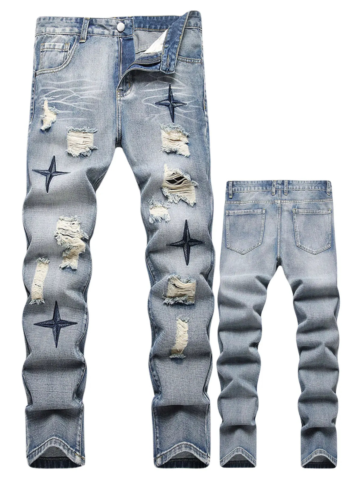 Men's Classic Cotton Distressed Retro Foldable Straight Leg Denim Jeans - 4-Season Comfortable Casual Bottoms with Zipper, Durable Fabric, Pockets, Embroidery, Buttons, Ideal for Retro Street, Halloween, Thanksgiving, Easter, Valentine's Day