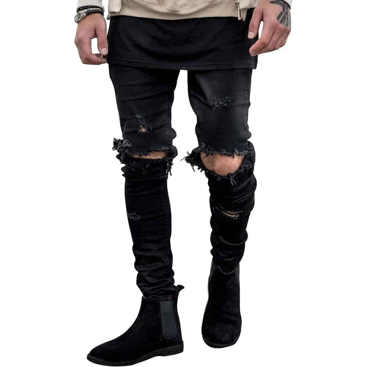 HUNGSON Men's Ripped Slim Denim Jeans - Soft Polyester-Cotton Fabric, Stretchy Skinny Fit, Breathable Distressed, Streetwear Plain Menswear Bottoms, Motocross Trousers (Denim Men's Ripped Jeans), Denim Men's Jeans sohochic