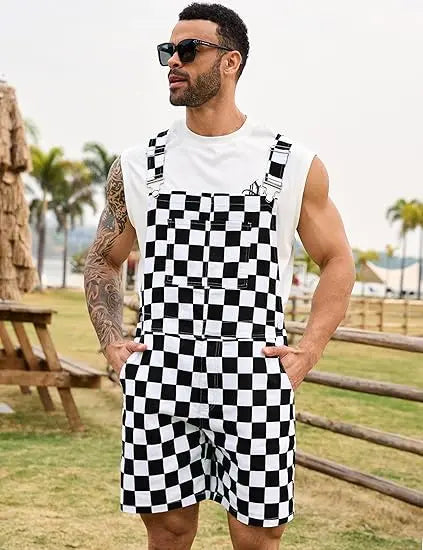 OPDNBON Christmas Checkered Bib Overalls for Men and Women Thanksgiving Stretchy Denim Adjustable Straps Jumpsuit Shorts Work Coveralls Football Game Outfits Spring Fashion Menswear Womenswear