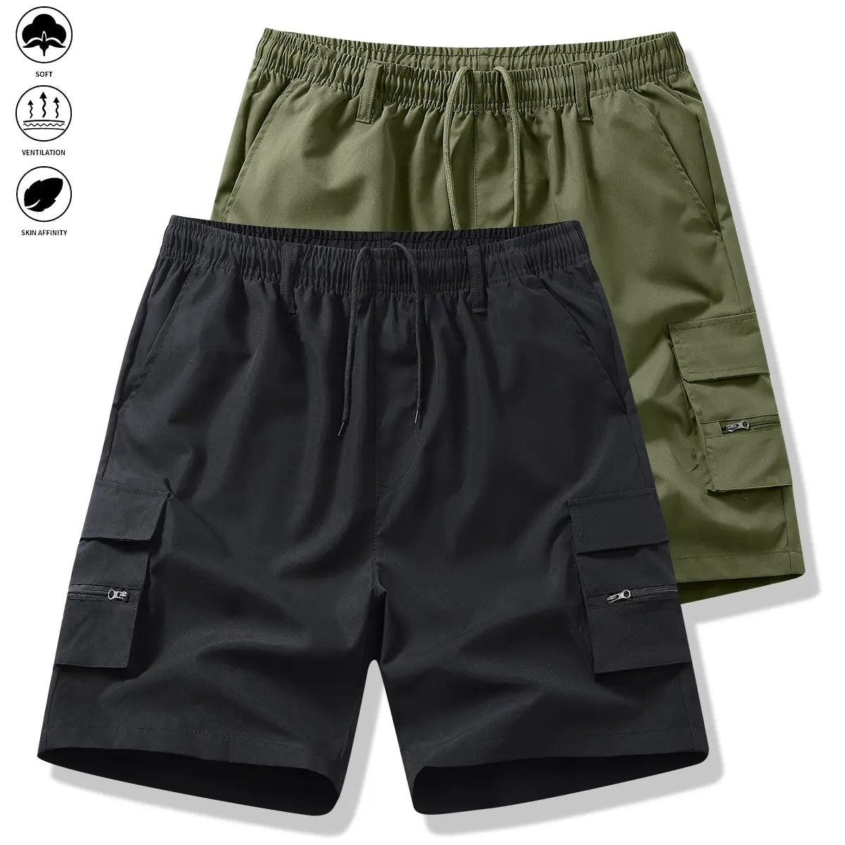 Men's 2-Piece Fitted Woven Work Jogger Shorts, Summer Trendy Casual Style, Multi-Pocket, Wear-Resistant, Wrinkle-Free, Tear-Resistant, Comfortable, Breathable, Stylish, Versatile, Elastic Drawstring