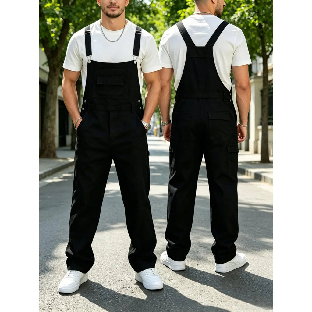 1 pair of men's denim overalls, multifunctional and multi pocket trendy high street minimalist style one-piece straight leg pants, suitable for all seasons, Casual, Menswear, Clothes