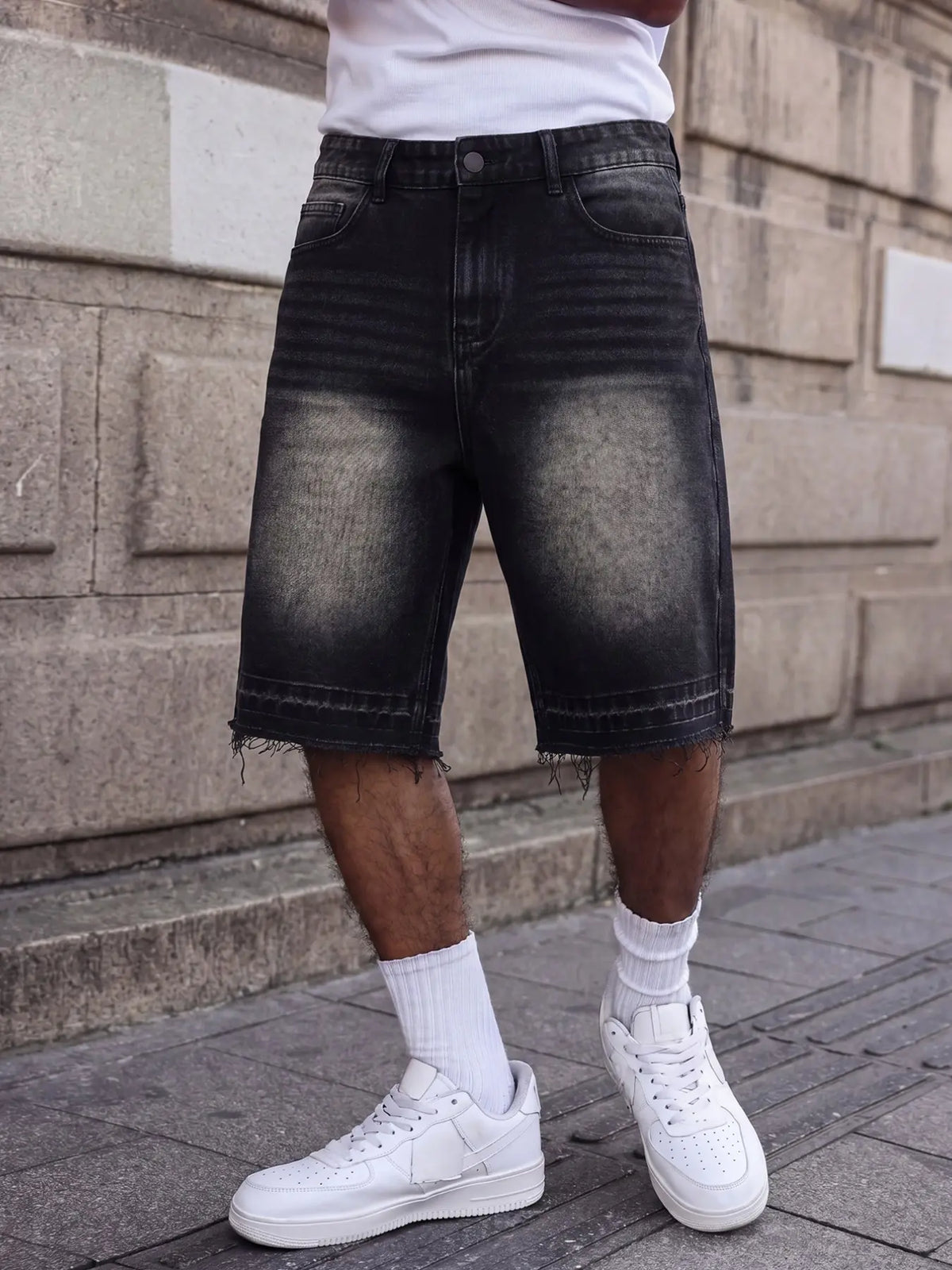 Men's Vintage Washed Distressed Denim Look Jean Shorts, Vintage Distressed Style, Size S (W32) to XXL (W40), Non-Stretch Streetwear Jorts, Menswear
