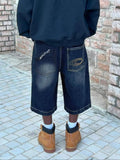 Men's Denim-Effect Dark Washed Distressed Print Straight Leg Pocket Shorts Loose Baggy Casual Comfy Denim Jeans Shorts for Summer, Fashion Menswear Men's Bottoms for Daily Wear, Streetwear