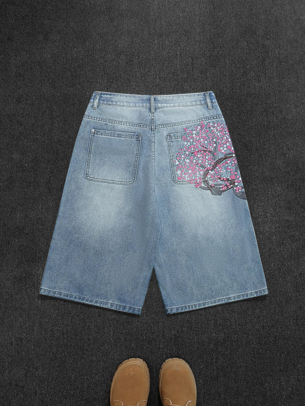 Men's Bermuda Shorts, Light Blue Washed Denim Jeans, Retro Floral Embroidery, Loose-Fit, Knee-Length, Casual Outdoor Wear, Ideal for Leisure