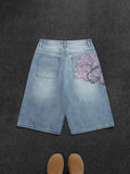 Men's Bermuda Shorts, Light Blue Washed Denim Jeans, Retro Floral Embroidery, Loose-Fit, Knee-Length, Casual Outdoor Wear, Ideal for Leisure