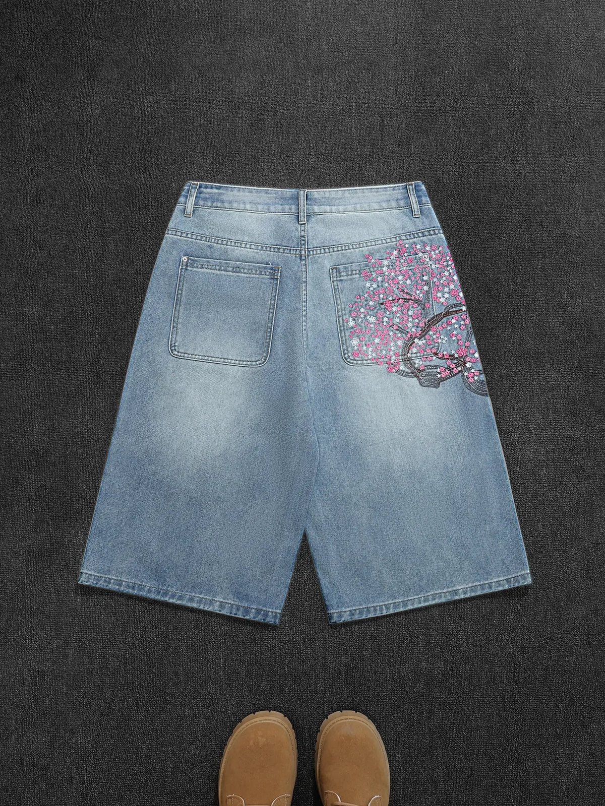 Men's Bermuda Shorts, Light Blue Washed Denim Jeans, Retro Floral Embroidery, Loose-Fit, Knee-Length, Casual Outdoor Wear, Ideal for Leisure