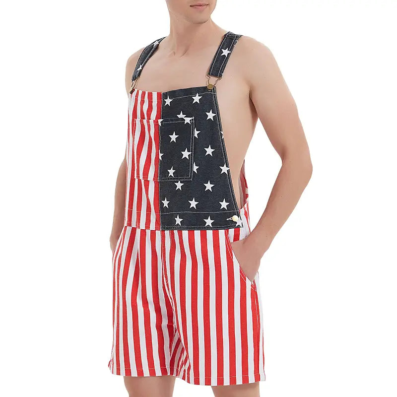 OPDNBON American Flag Stretch Overalls Shorts 4th of July Jumpsuits Denim Romper Work Bibs Coveralls Gifts for Men, Fashion Menswear