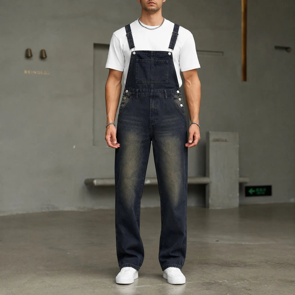 Men's Loose Fit Denim Bib Overalls - Vintage Mud Wash Black Blue Wide Leg Dungarees with Bib Pocket, Chunky Drape Retro Grunge Skater Streetwear, Chic Summer Casual Distressed Workwear Jumpsuit