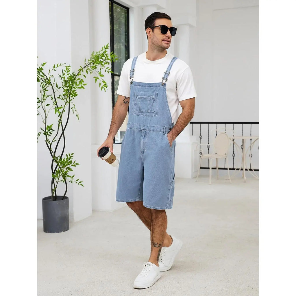 Men's Sleeveless Plain Denim Bib Overall Shorts - Casual Loose Fit Utility Work Jumpsuit with Multi-Functional Pockets (Bib, 2 Side, Cargo, 2 Back), Zip, Standard Sizes for Summer Menswear, 2 Side Pockets