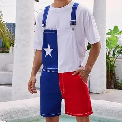 OPDNBON Texas Flag Stretch Bib Overalls for Men Adjustable Straps Work Coveralls Patriotic Printed Shorts Jumpsuit
