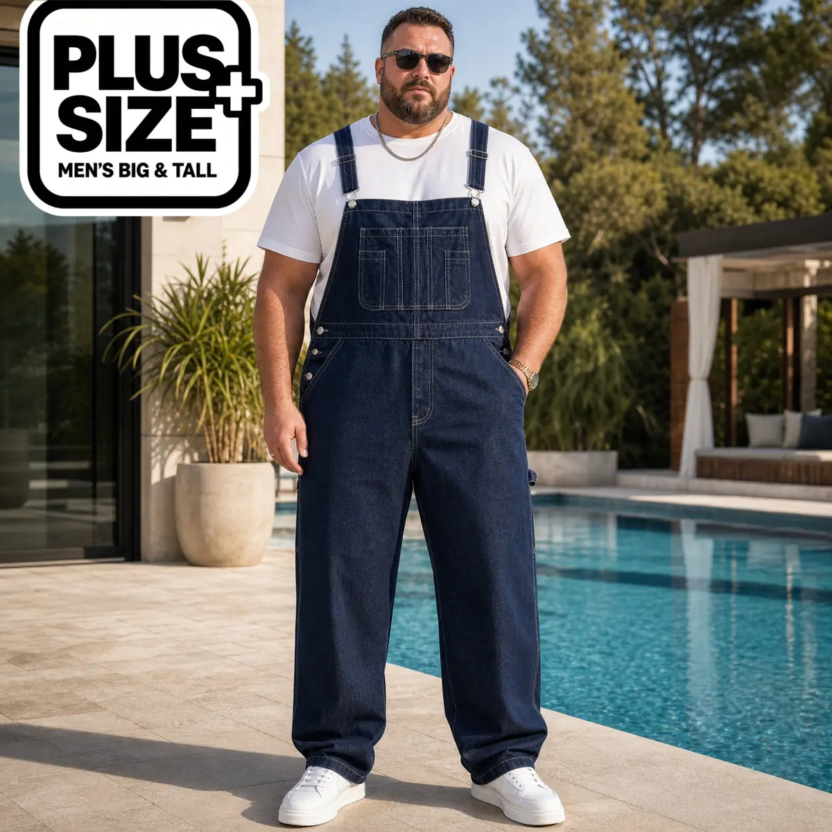 Men's Big & Tall Plain Denim Overalls - Cotton-Polyester Fabric Menswear, Loose-Fit Cargo Jumpsuit with Adjustable Straps, Lace-Up, Pockets - Classic Vintage Retro Street Style Workwear for Casual Daily Use - Plus Sizes XL-6XL, All-Season Comfort