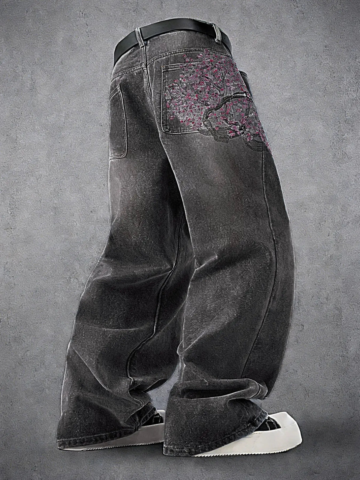 Men's Vintage Y2K Style Loose Wide Leg Jeans, Cherry Blossom Floral Embroidery, Pocket embroidery is not available, Street Fashion, Streetwear, Hip Hop Boyfriend Pants, All Seasons