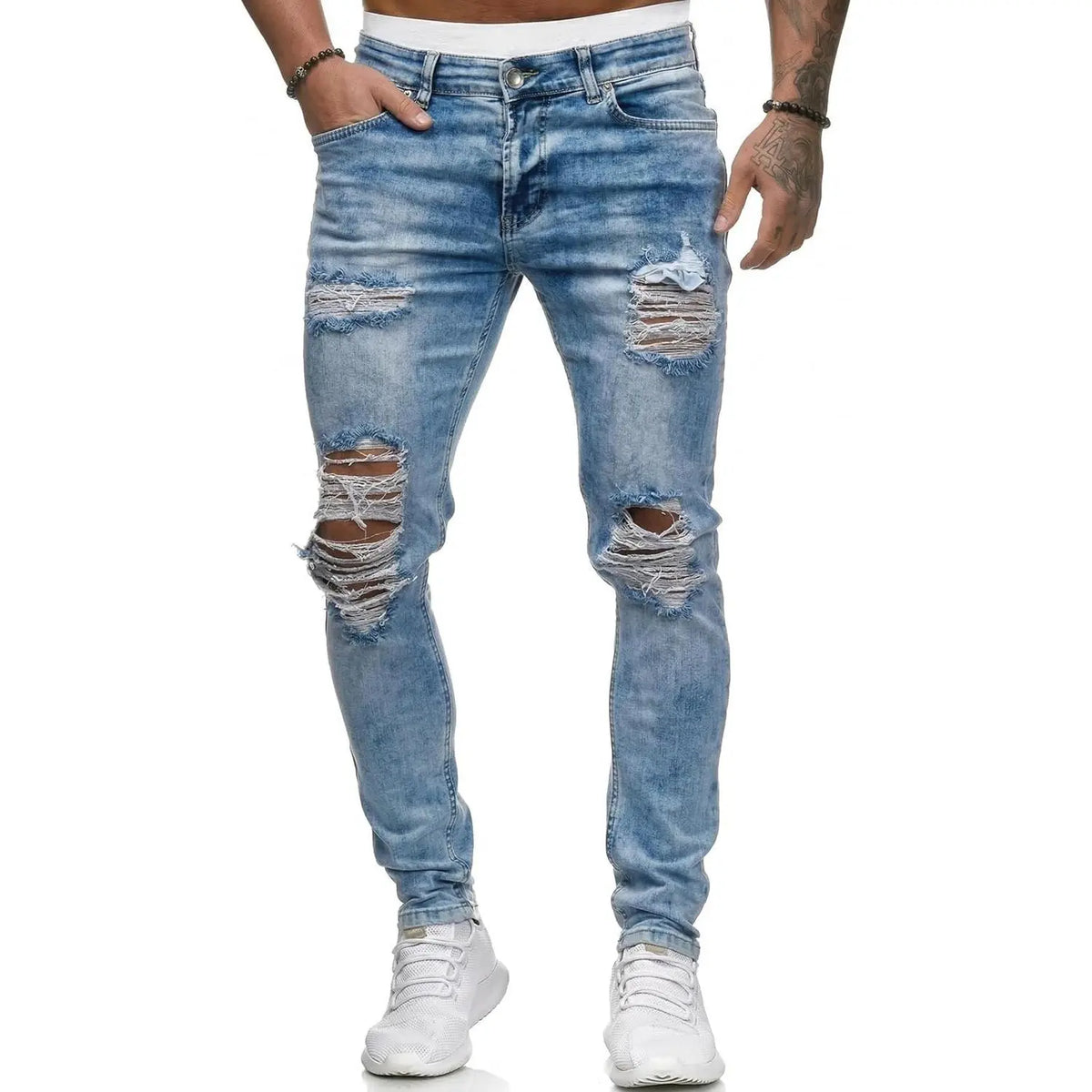 HUNGSON Men's Ripped Slim Denim Jeans - Soft Polyester-Cotton Fabric, Stretchy Skinny Fit, Breathable Distressed, Streetwear Plain Menswear Bottoms, Motocross Trousers (Denim Men's Ripped Jeans), Denim Men's Jeans sohochic
