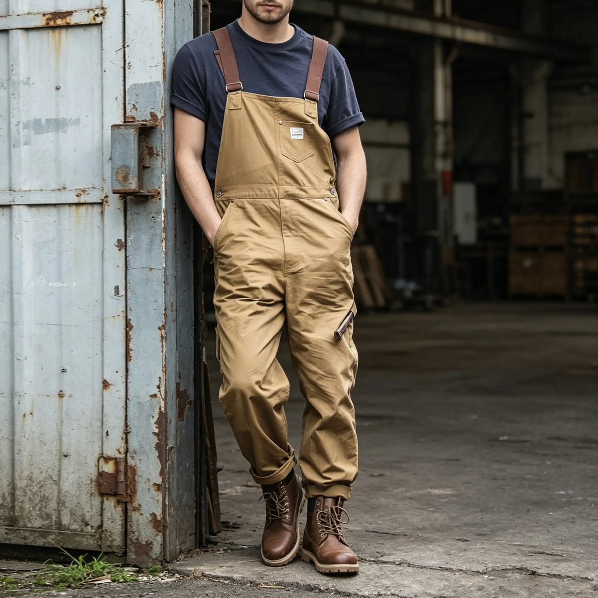 Men's Amekaji Vintage Khaki Canvas Overalls, Multi-Pocket Straight Leg Retro Work Bib Suspender Pants for Daily Outdoor Workwear