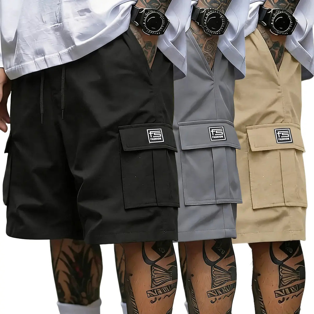 Men's 3-Piece Cargo Shorts Set - Multi-Pocket, Contrasting Label Accents, Drawstring Elastic Waist, Breathable Summer Streetwear, S Size Matching Men's Shorts