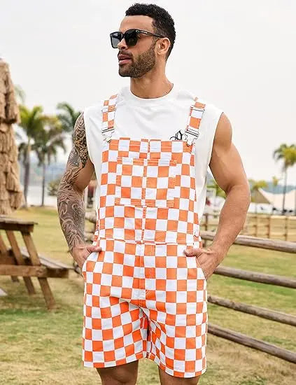 OPDNBON Christmas Checkered Bib Overalls for Men and Women Thanksgiving Stretchy Denim Adjustable Straps Jumpsuit Shorts Work Coveralls Football Game Outfits Spring Fashion Menswear Womenswear