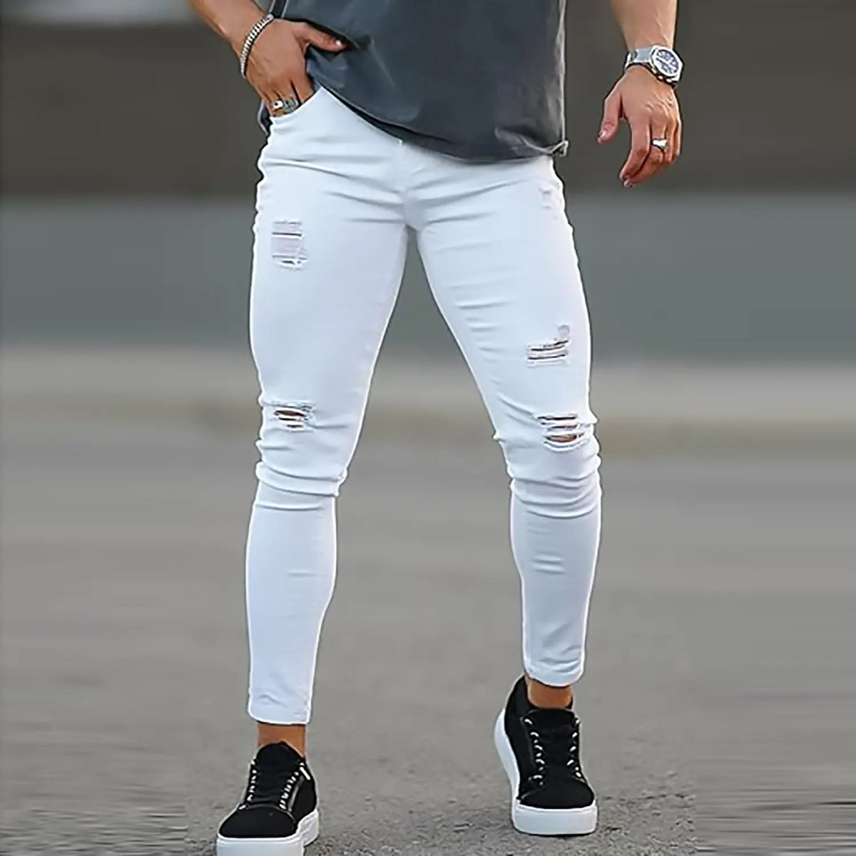GINGTTO Men's Ripped Skinny Jeans Stretch Slim Fit Tapered Leg Denim Pants
