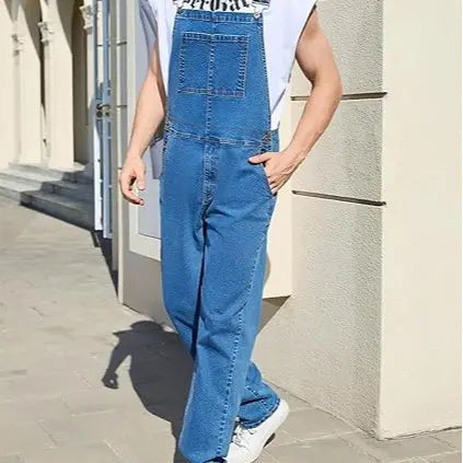 YUANBANG Men's Basic Denim Overalls Adjustable Straps Jumpsuit Fall Winter Fashion Comfort Sleeveless Pocket Menswear Bibs Workwear Coveralls with Zipper Solid Color Strappy One-Piece Outfits