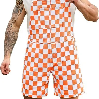 OPDNBON Christmas Checkered Bib Overalls for Men and Women Thanksgiving Stretchy Denim Adjustable Straps Jumpsuit Shorts Work Coveralls Football Game Outfits Spring Fashion Menswear Womenswear